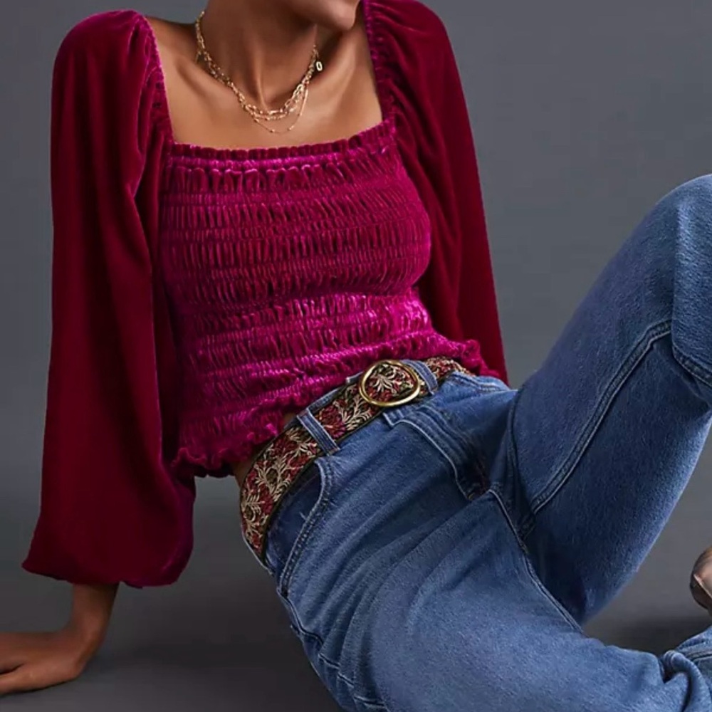 Anthropologie Velvet Smocked Square-Neck Blouse in Deep Berry